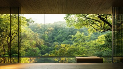 Poster - A stunning shot from within a sleek, transparent glass structure, offering an unobstructed view of verdant forests and serene natural beauty