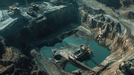 Poster - A sweeping aerial shot of a mining site, with deep pits, water-filled areas, and visible machinery highlighting the rugged and industrious landscape