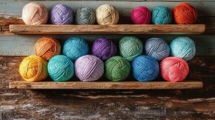 Poster - A vibrant collection of yarn balls in various colors displayed on wooden shelves, ideal for knitting and DIY crafting enthusiasts.