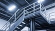 © somsri - Modern Industrial Staircase with Steel Railing in Bright Warehouse Environment Featuring Open Space, Metal Structure, and Contemporary Design Elements