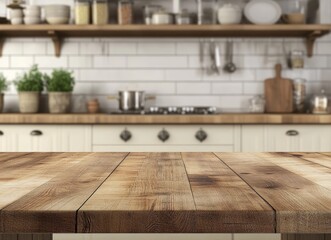 Poster - Rustic wooden table in front of blurred kitchen background.