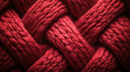 Poster - Close-up of a warm knitted wool texture in red tones, showcasing an intricate braid pattern perfect for textile design backgrounds with soft lighting
