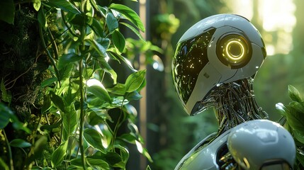 Poster - A futuristic robot exploring a lush jungle filled with exotic plants and glowing flora