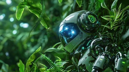 Aufkleber - A futuristic robot exploring a lush jungle filled with exotic plants and glowing flora