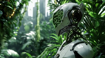 Poster - A futuristic robot exploring a lush jungle filled with exotic plants and glowing flora