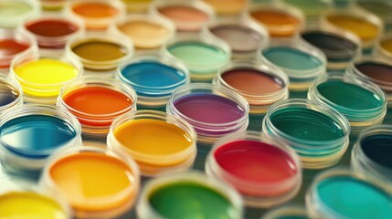 Aufkleber - Close-up of rows of colorful petri dishes in a lab, each containing a different vibrant culture or solution.