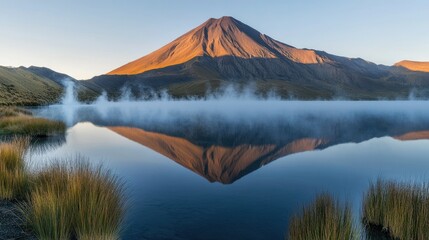 Aufkleber - Early morning light casts a warm glow on a volcanic mountain, reflected in the still waters of a pristine lake, with mist rising from the surface