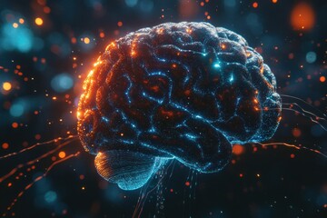 Poster - This close-up view highlights a brain with glowing blue neural pathways, symbolizing advanced cognitive functions and neural connectivity. Generative AI