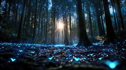 Poster - A magical forest with bioluminescent plants glowing in shades of blue and purple under a starry sky