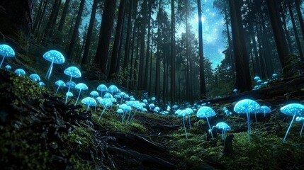 Poster - A magical forest with bioluminescent plants glowing in shades of blue and purple under a starry sky