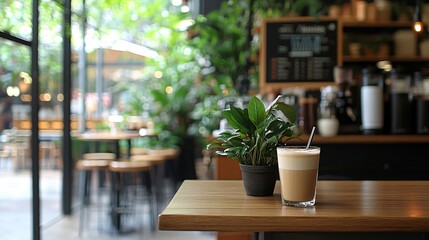 Poster - A chill evening setup with a laptop open to a playlist and a latte on the side Stock Photo with side copy space