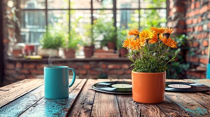 Poster - An artistic workspace with a coffee mug and jazz vinyl records creating a calm vibe Stock Photo with side copy space