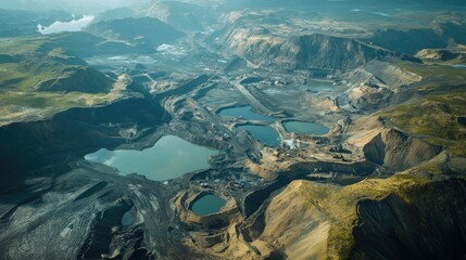 Poster - High-altitude shot of a mining site, showing deep excavation pits and industrial machinery, with rugged landforms and water-filled areas
