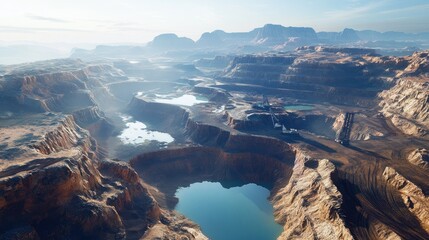 Poster - High-altitude shot of a mining site, showing deep excavation pits and industrial machinery, with rugged landforms and water-filled areas