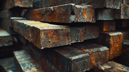 Poster - Industrial scene of stacked rusted steel beams, with a focus on the textures and metallic surfaces aged by time and weather exposure