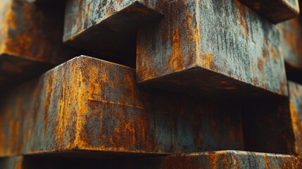 Poster - Industrial scene of stacked rusted steel beams, with a focus on the textures and metallic surfaces aged by time and weather exposure