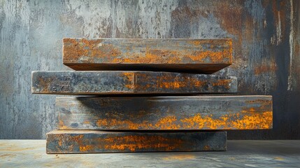 Poster - Industrial setting with a stack of corroded steel beams, showcasing their rugged texture and aged appearance against a weathered background