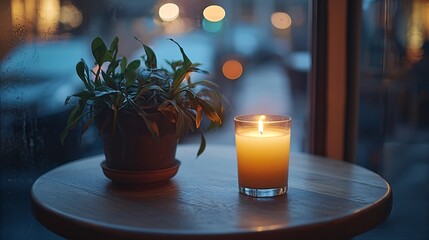 Poster - An urban cafe during the evening with ambient lighting and a calming playlist Stock Photo with side copy space