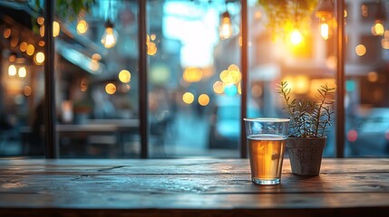 Poster - An urban cafe during the evening with ambient lighting and a calming playlist Stock Photo with side copy space