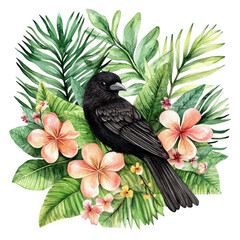 Wall Mural - Tropical Paradise: A Black Bird Amidst Lush Greenery and Delicate Blossoms