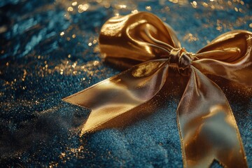 Aufkleber - A golden ribbon elegantly tied into a bow sits on a sparkling blue surface, creating a festive atmosphere for New Year celebrations. Generative AI