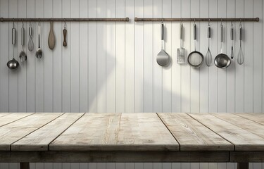 Rustic wooden kitchen table with hanging utensils against white paneled wall.