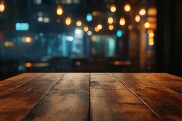 Poster - Empty wooden table in a dimly lit restaurant at night.