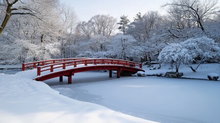 Poster - A serene Japanese Zen garden covered in light snow, with a red bridge crossing a frozen pond