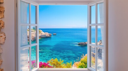 Aufkleber - Stunning Mediterranean landscape with clear blue sea visible from an open window, framed by a sunny room offering a perfect view