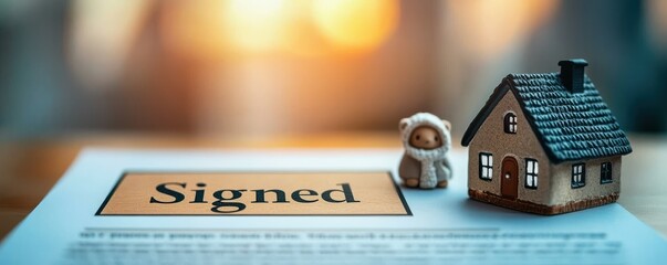 agreement owner management interest pricing concept. signed document with a miniature house and figu