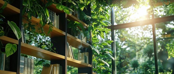 Poster - A modern library with glass walls and lush green plants hanging from the ceiling, sunlight streaming through