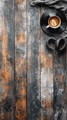 Poster - A rustic wooden table featuring coffee headphones and a jazz record sleeve Stock Photo with side copy space