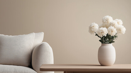 Poster - cozy living room scene featuring soft sofa and vase of white flowers on wooden table, creating serene and inviting atmosphere