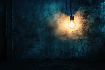 Leinwandbilder - In a dark, empty room, a solitary light bulb hangs from above, casting a warm glow on the rough wall, symbolizing loneliness and quiet. Generative AI