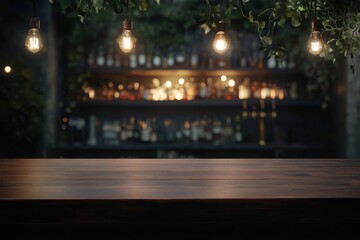 Poster - Dark wood bar counter with blurred liquor shelves and hanging lights.
