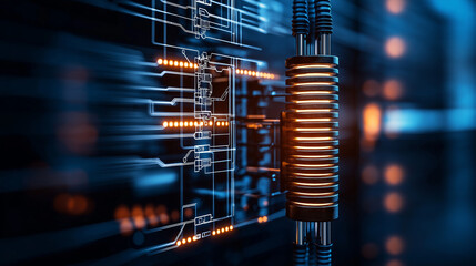 Aufkleber - Futuristic electric grid illustration featuring glowing coil and circuit design, showcasing advanced technology and energy flow in modern setting