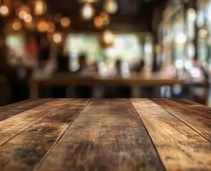 Wall Mural - Rustic wooden table in blurry cafe background. (1)