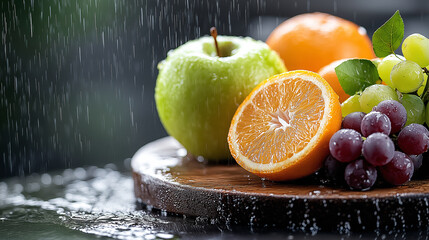 Aufkleber - Freshly washed fruits like apples, oranges, grapes, and green grapes glisten with dew, showcasing vibrant colors and textures in refreshing display