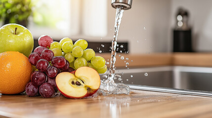 Poster - Freshly washed fruits like apples, grapes, oranges, and green grapes glisten with water droplets, showcasing their vibrant colors and freshness in kitchen setting