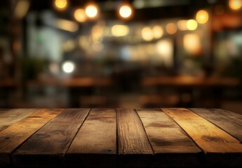 Poster - Empty wooden table in a blurred restaurant background at night.
