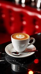 Poster - An elegant evening at a jazz cafe with a hot latte and soothing melodies Stock Photo with side copy space