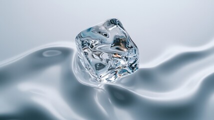 Poster - A single ice cube melting on a clean white surface.