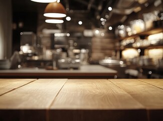Aufkleber - Empty wooden table in blurry cafe background. (4)