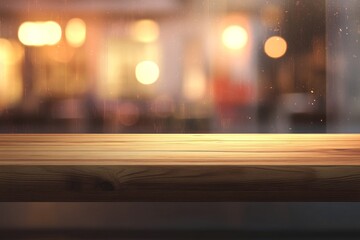 Poster - Empty wooden table against blurred city lights at night.