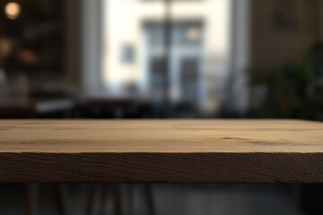 Poster - Empty wooden table in blurry cafe background. (7)