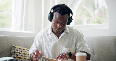 Aufkleber - Reading, cafe and black man with headphones and books for learning, studying and education. School, coffee shop and student listening to music with textbooks for knowledge, assessment and project