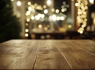 Poster - Empty wooden table in a warm, blurry restaurant background.