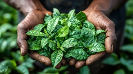 Poster - Hands grasp fresh green coffee leaves, showcasing the vibrant foliage in a dense plantation under sunlight. The scene highlights the importance of agriculture.