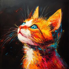 Poster - A vibrant, colorful painting of a cat gazing upwards with expressive features.