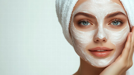 A beautiful woman with a white facial mask on her face and a towel wrapped around her head